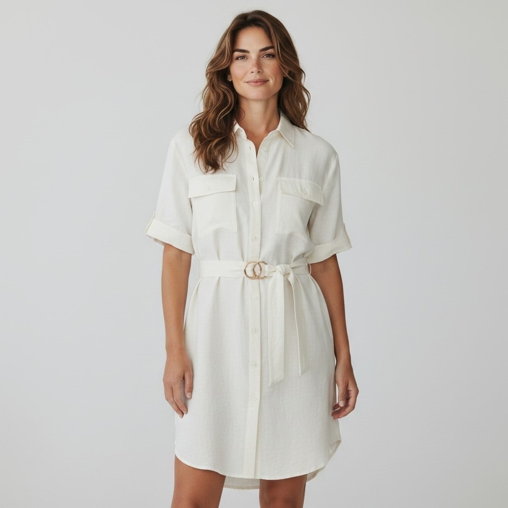 NWT Linen Blend Belted Button Down Shirt Dress Lagenlook minimalist RTL $128 M